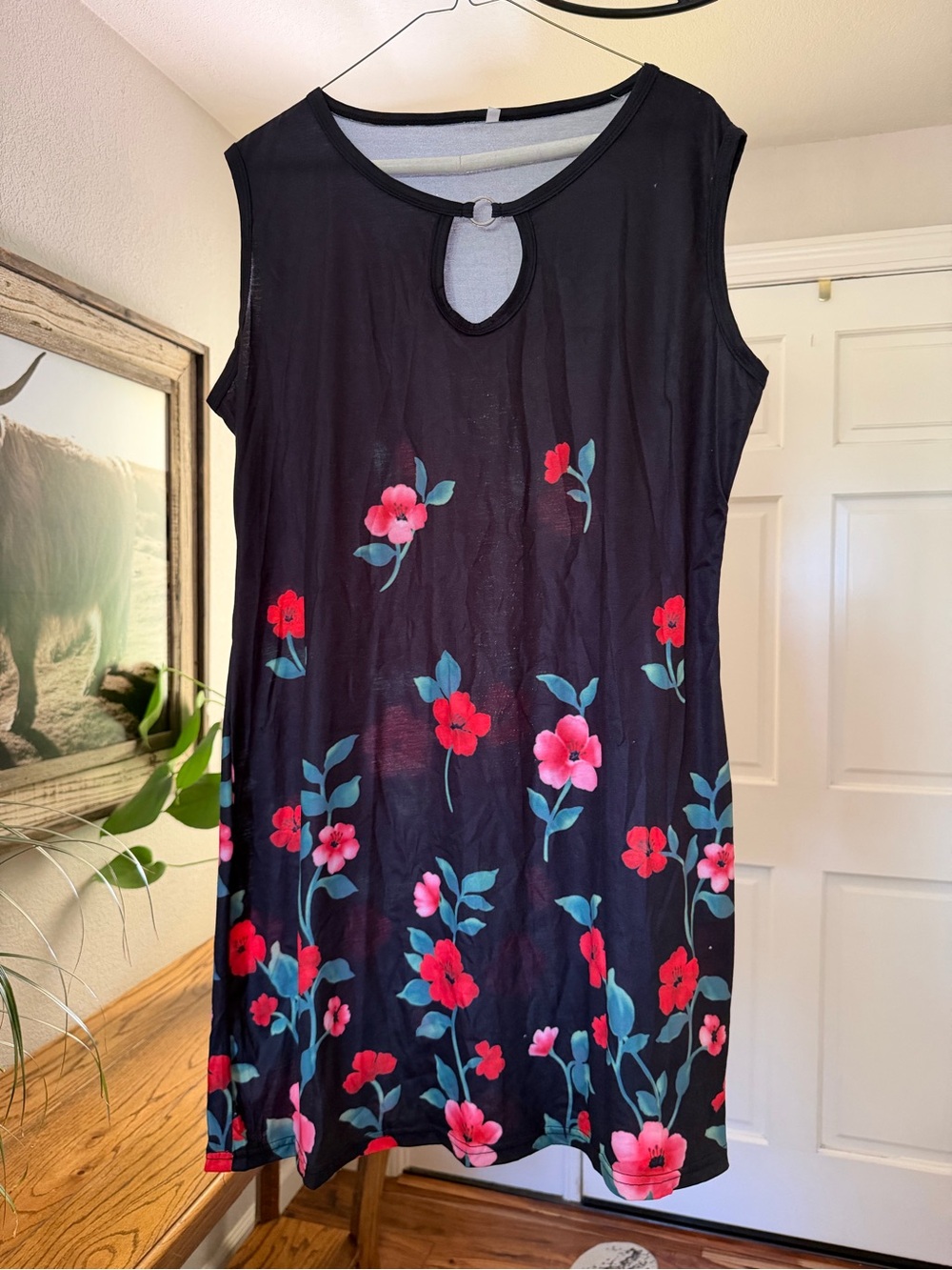 Amazon Black Midi Dress with Pink and Red Floral Print